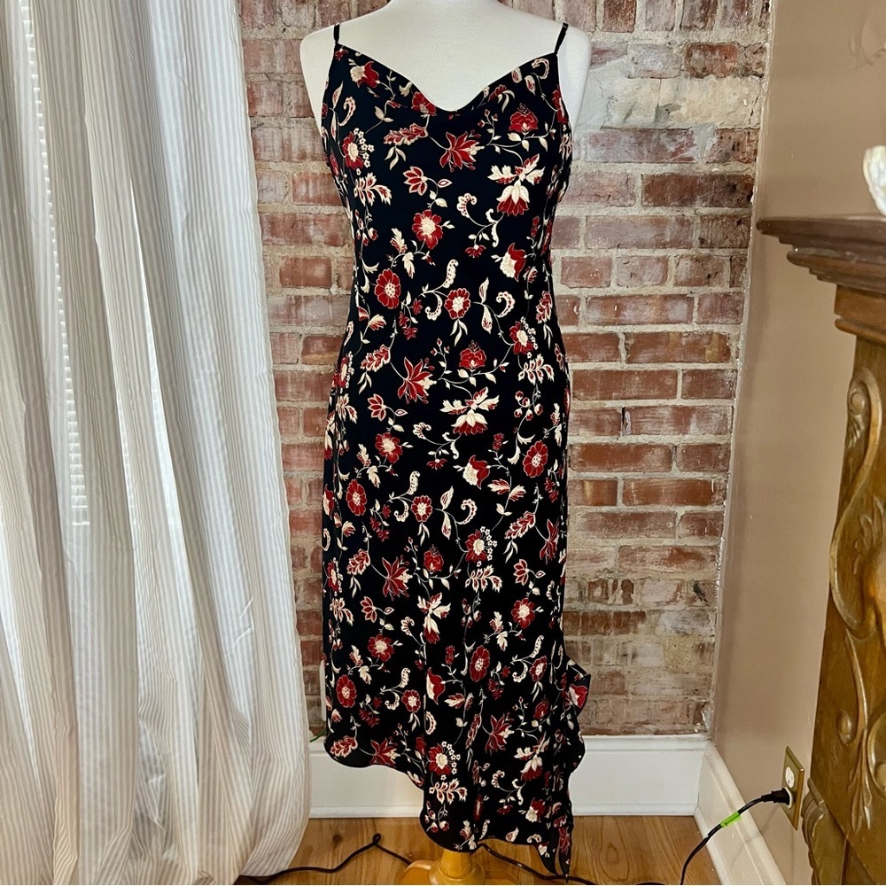 Vintage Floral Black and Red Asymmetrical Midi Dress -Size 9/10 -DR01